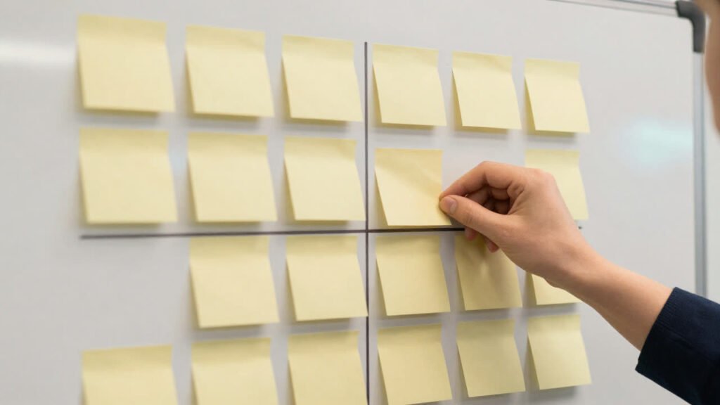 A hand placing a sticky note onto a whiteboard grid of prioritised notes