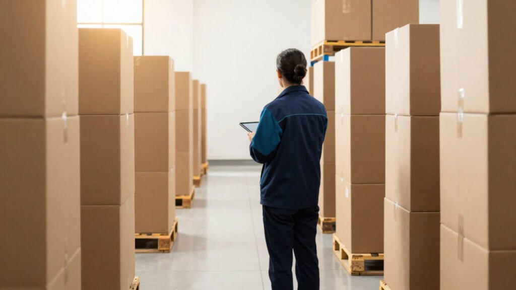 A distribution warehouse aisle with palletised cartons and a worker holding a tablet