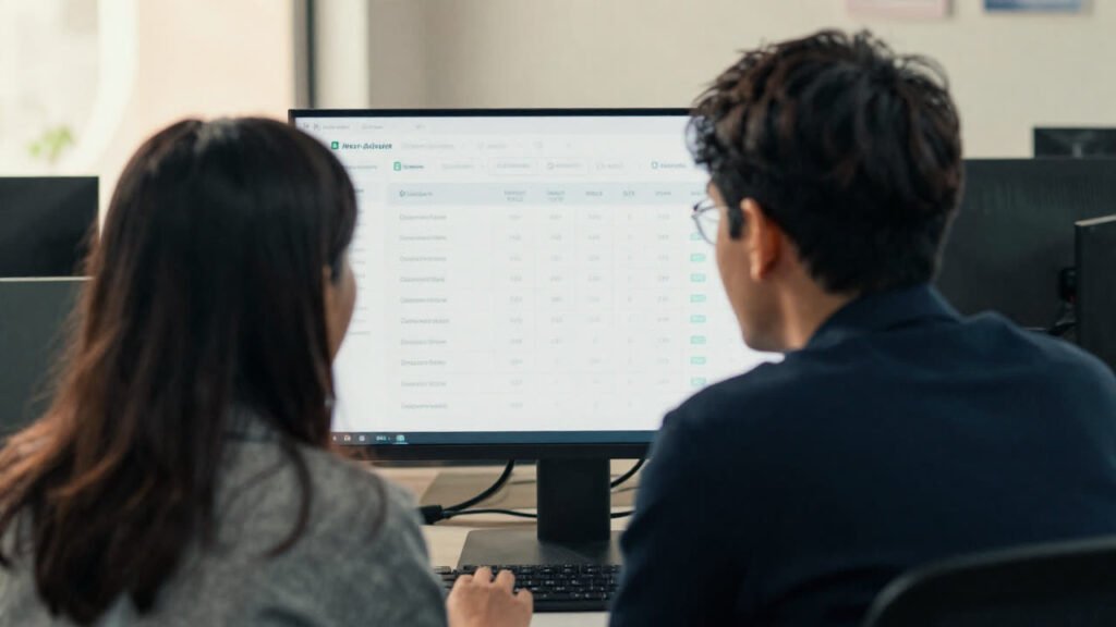 Two colleagues reviewing a customer database dashboard on a large monitor