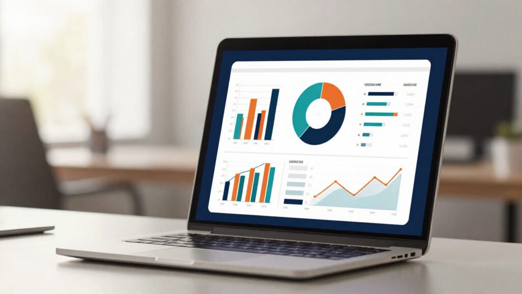 A laptop showing an analytics dashboard of bar, donut and line charts