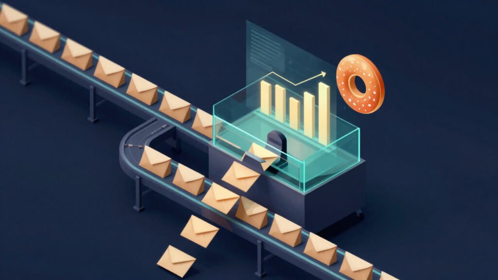 Envelopes on a conveyor flowing into a processing machine and coming out as charts