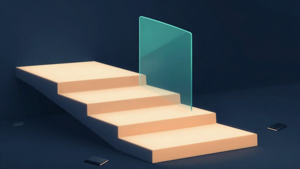 Steps rising toward a glass gate, standing for a gradual move to an enforced policy