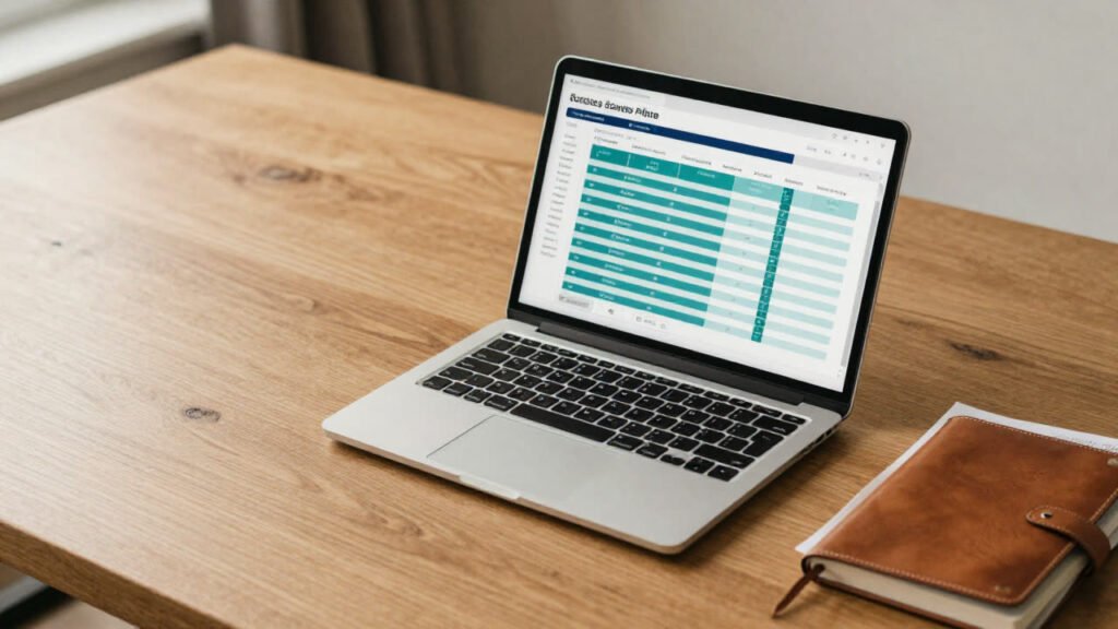 A laptop on a warm wooden desk showing a sales pipeline dashboard, with a notebook beside it