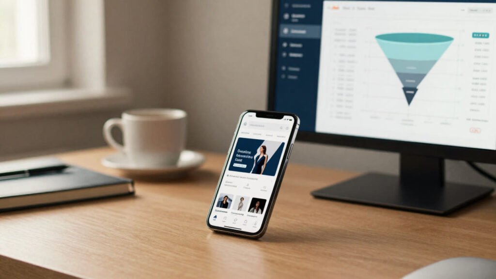 A phone showing an online store product page beside a screen showing an analytics funnel