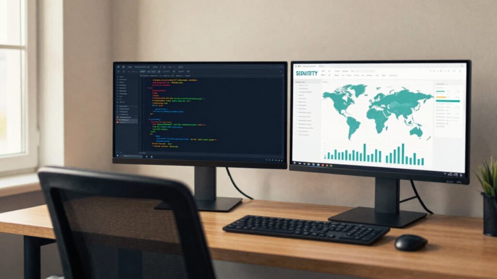 A developer desk with a code editor on one monitor and a security analytics dashboard on the other